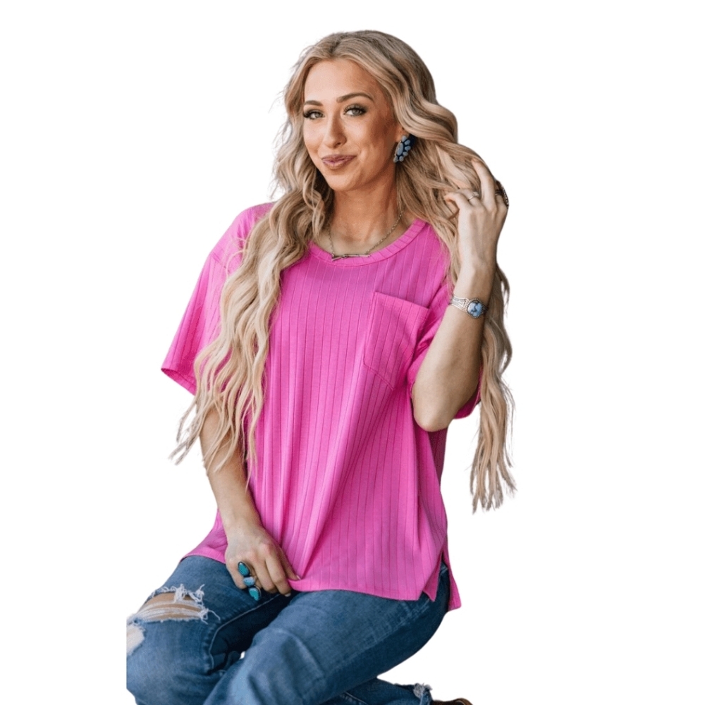 Pink Ribbed Women's Top With Pocket